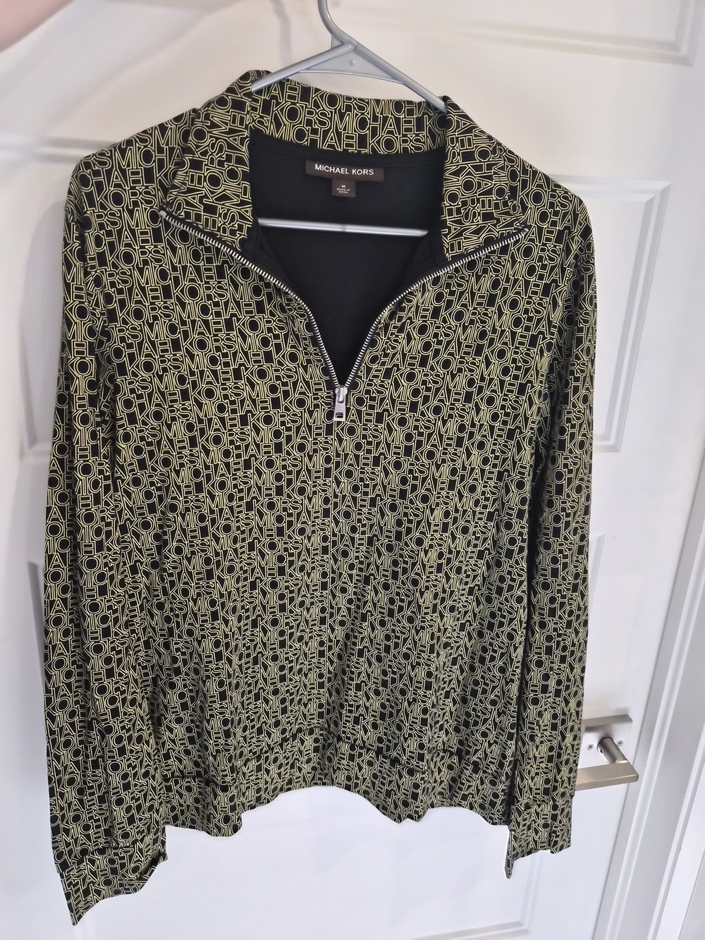 Michael Kors Women’s Black and Olive Logo Half-Zip Blouse